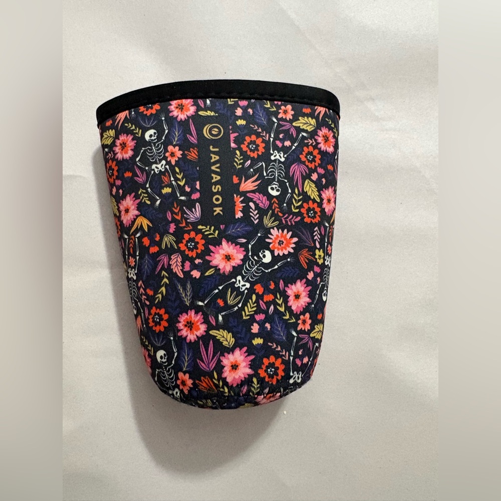 Javasok Medium Floral Skeleton Cup Holder - Black with Pink Flowers